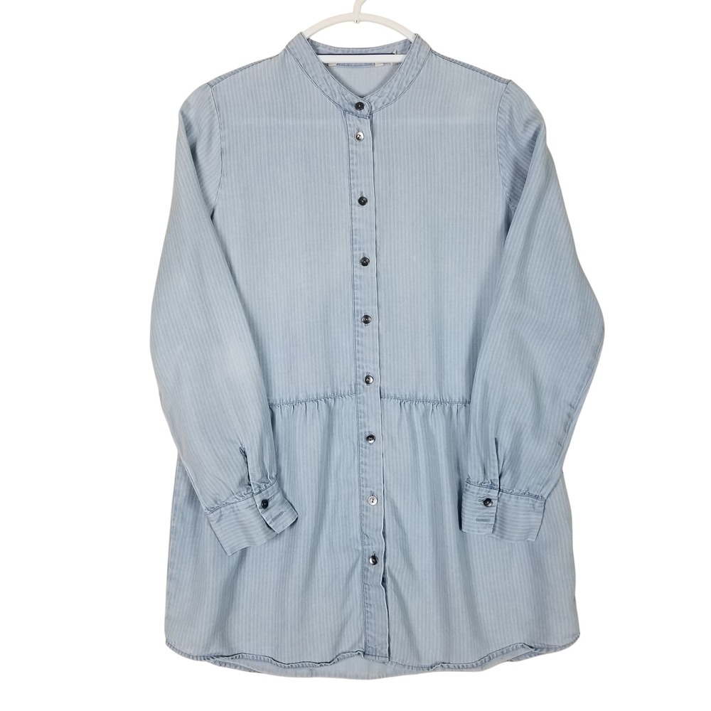 Soft Surroundings Tunic Shirt Womens Medium Blue Pinstripe Tencel Peplum 2AY76